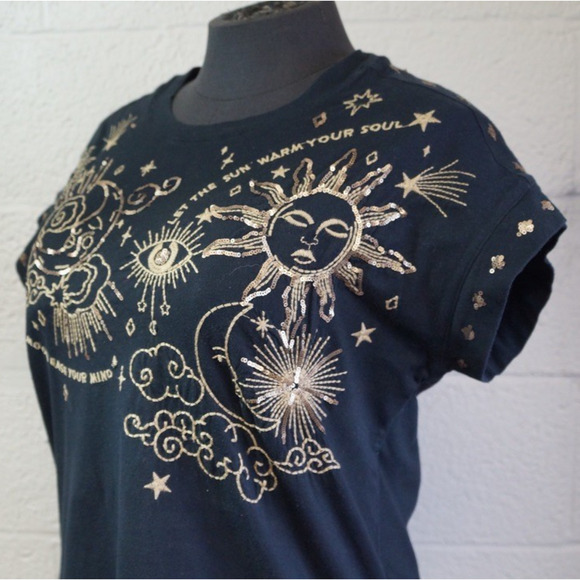 Johnny Was Relaxed Sequin Top Warm Your Soul Sz M-shirt Black Gold Embroided - Picture 3 of 11